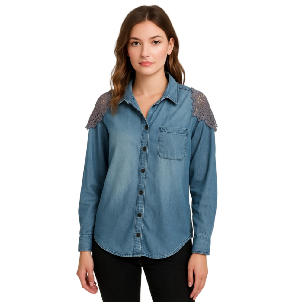 Hippie Laundry Blue Denim Shirt, Cold  Shoulder, M